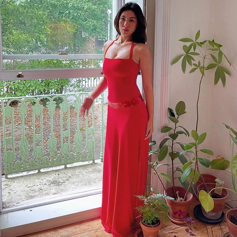 Eleanor Sequin Halter Maxi Dress - Red [I5AGZBTV]