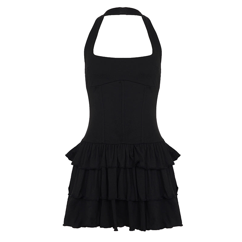 Aziya Halter Tiered Mini Dress - Black [NS8QSIDQ]