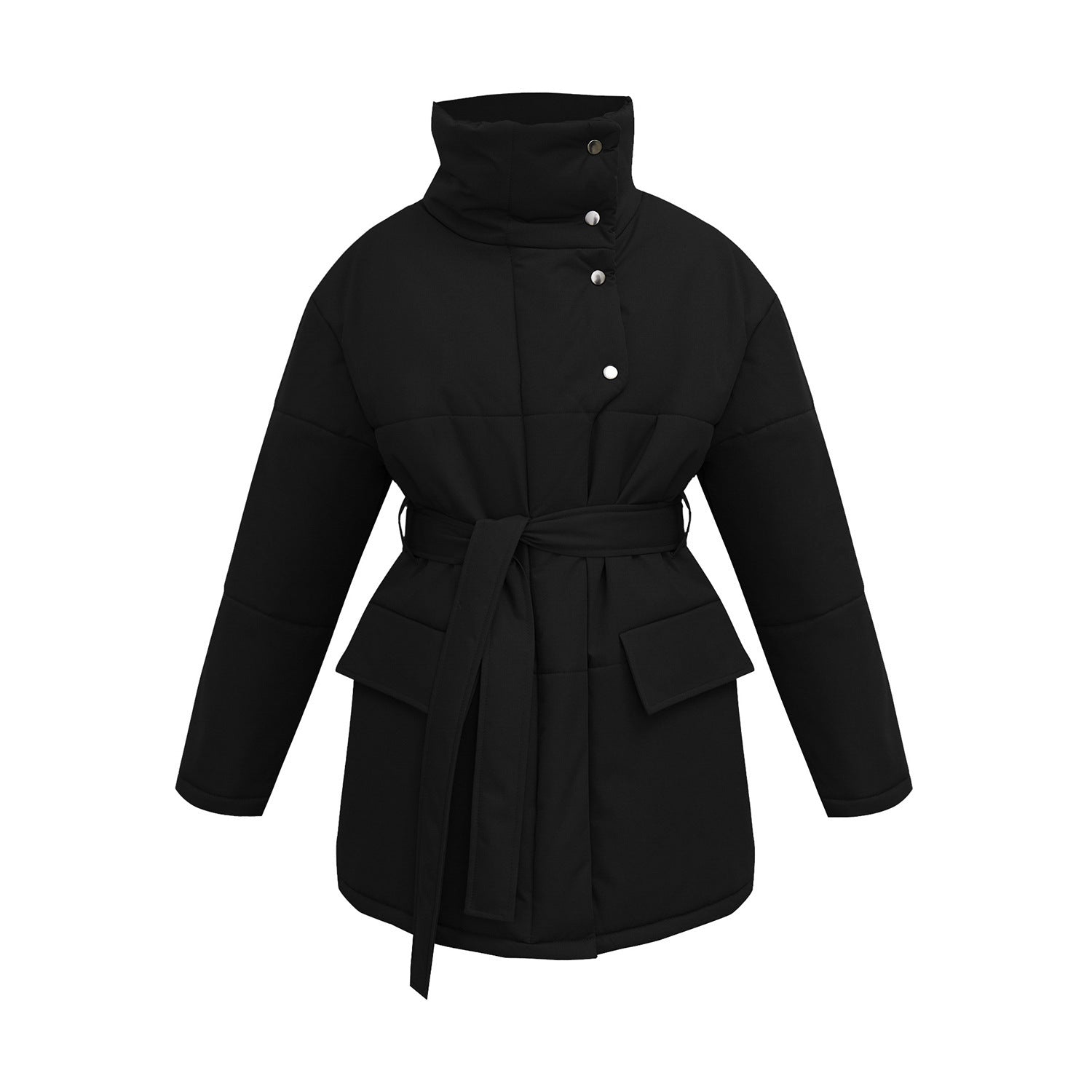 Collette Belted Stand Collar Coat - Black [2KA7S143]