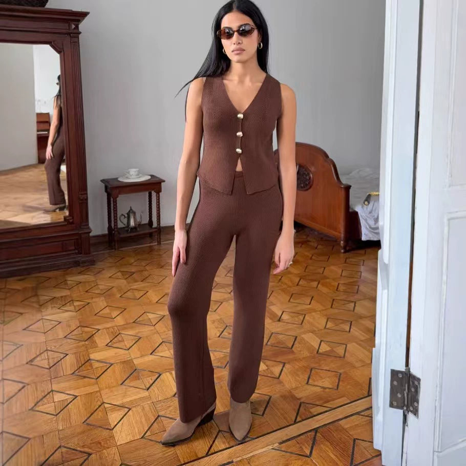 Raylee Knit V-Neck Pant Set - Coffee [MFEI42GA]
