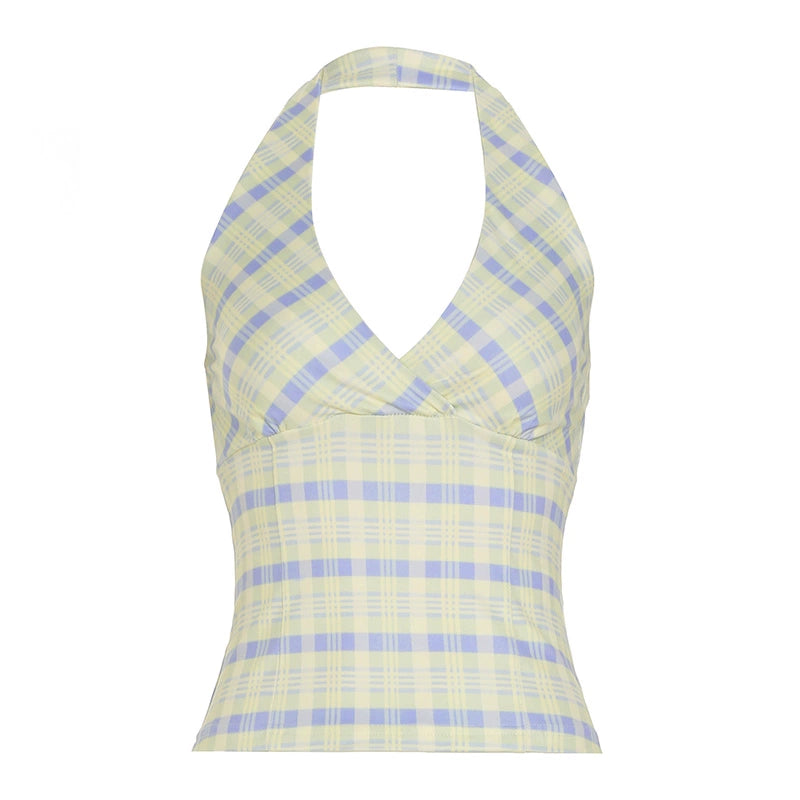 Debora Plaid Halter Crop Top - Blue [BDX6GGYK]