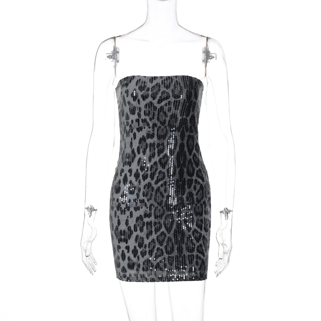 Arleen Strapless Sequin Leopard Mini Dress - Grey [ZAOHV4UW]