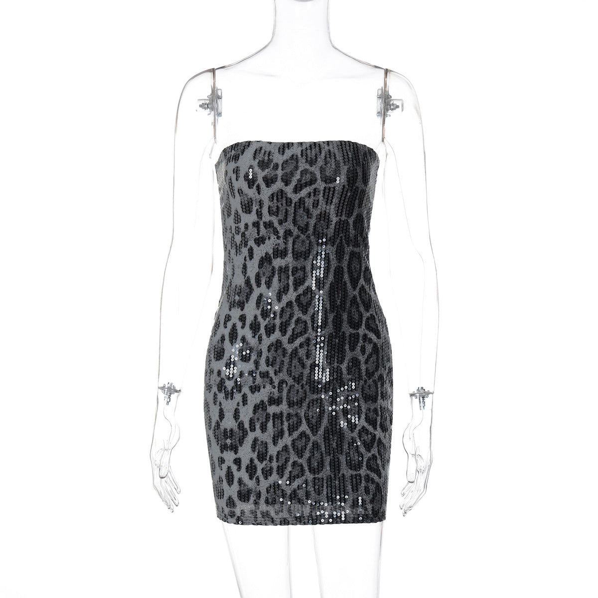 Arleen Strapless Sequin Leopard Mini Dress - Grey [ZAOHV4UW]