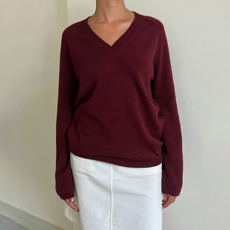 Zamya Loose Knit V-Neck Sweater - Wine Red [8PZG62U5]
