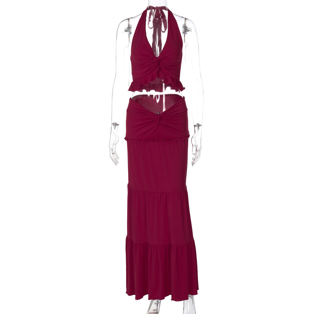 Shawna Twisted Halter Maxi Skirt Set - Wine Red [T3TJ1D8W]