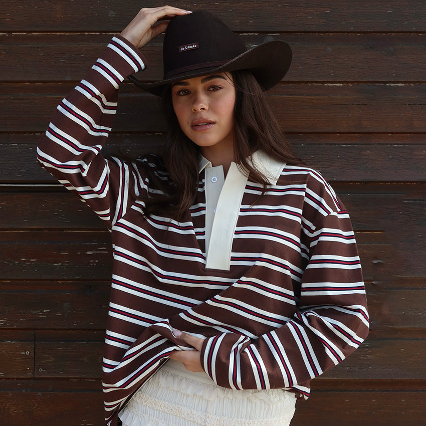 Bella Striped Polo Long-Sleeve Top - 成分：95%聚酯纤维，5%氨纶 [T5GDD3ZM]
