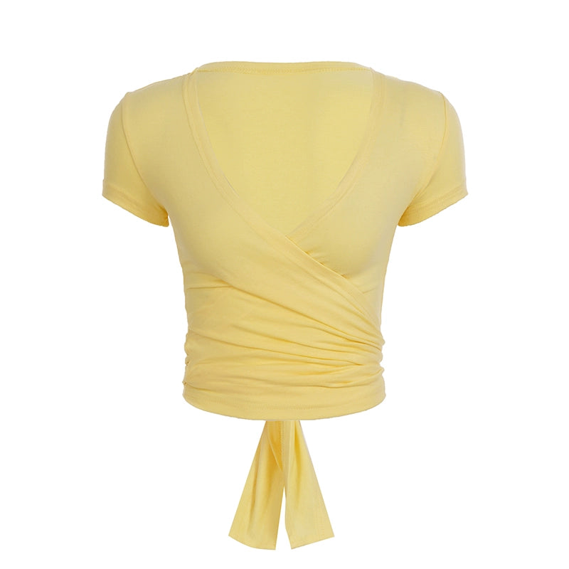 Kadyn Ruched V-Neck Crop Top - Yellow