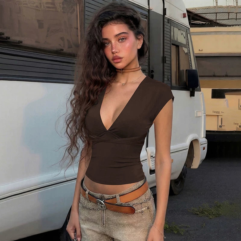 Deep V Backless Halter Top - Coffee [TBMUTL76]