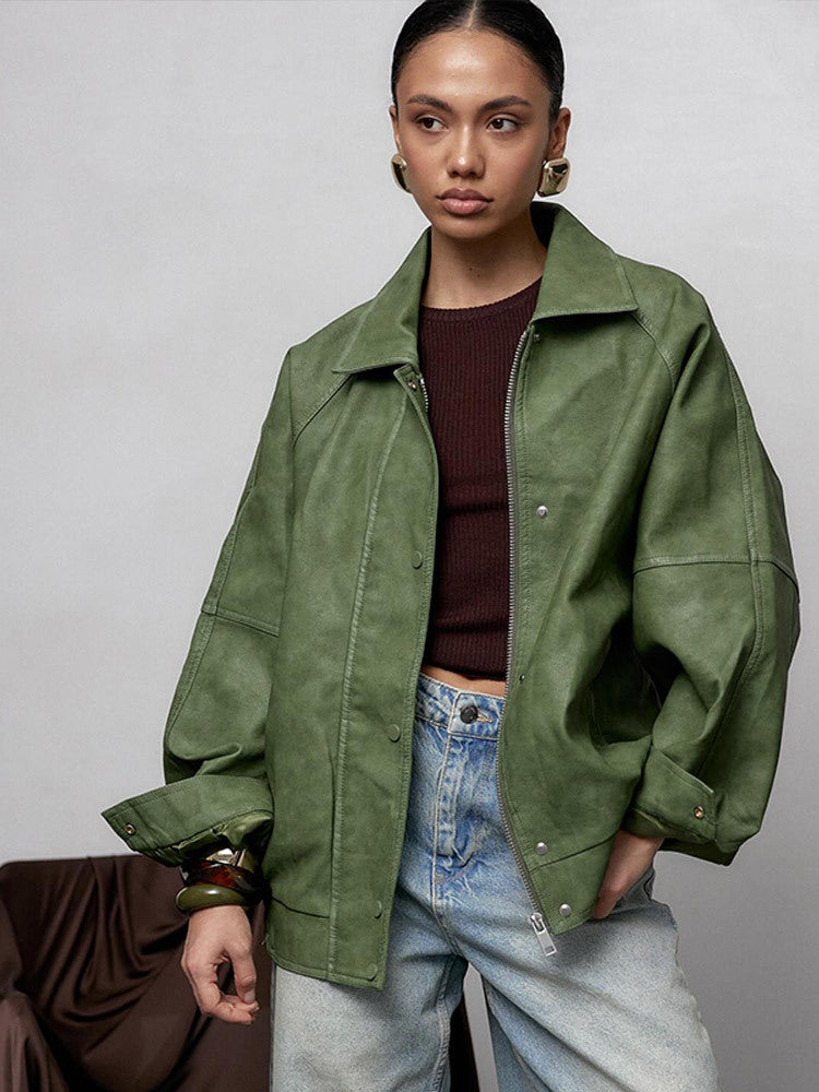 Lilia Green Oversized Faux Leather Jacket - Green [1LFAR4GE]