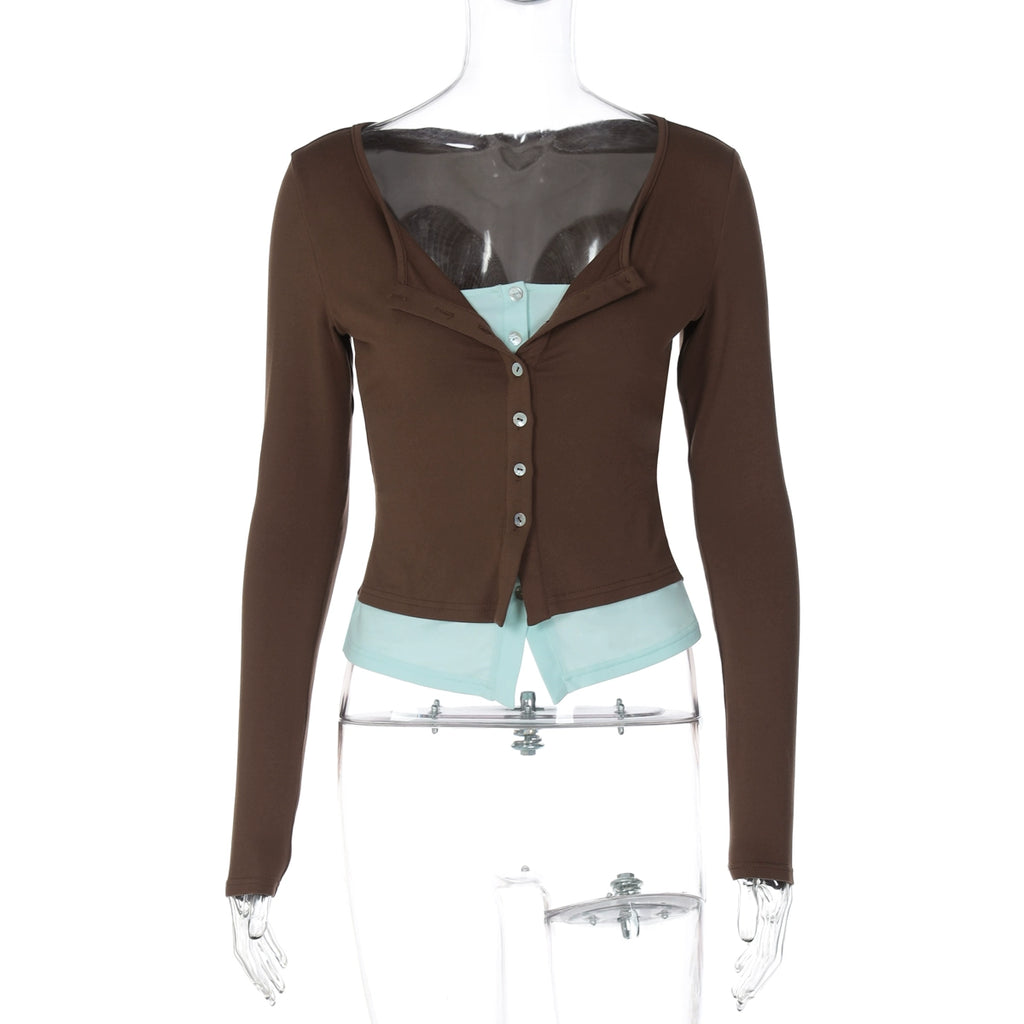 Avary Patchwork Faux Layer Top - Mocha Brown [LERKD6XI]