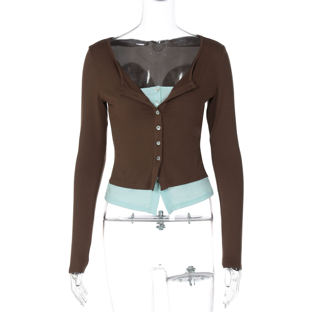 Avary Patchwork Faux Layer Top - Mocha Brown [LERKD6XI]