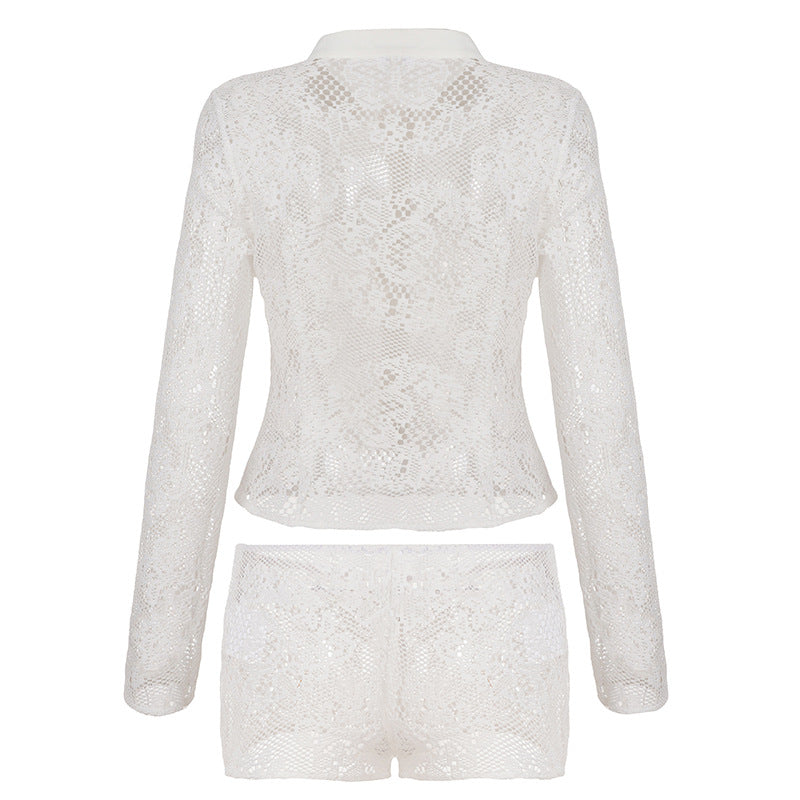 Open Knit Long Sleeve Short Set - Set [J7KEF9QA]