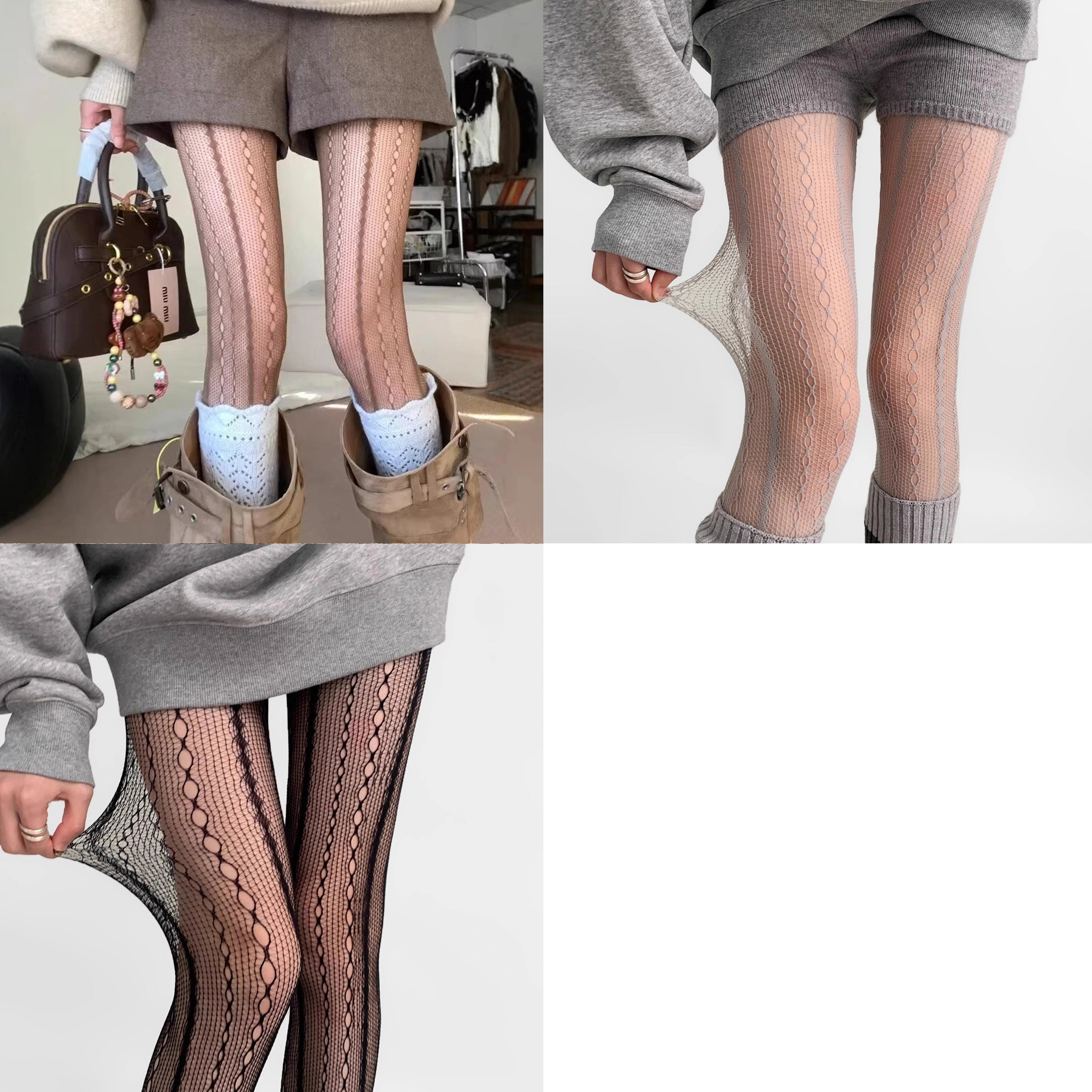 Rylan Chain Pattern Stocking Set - Coffee, Black & Grey Sheer Stockings (Three-Pack) [CN7SZ5MM]