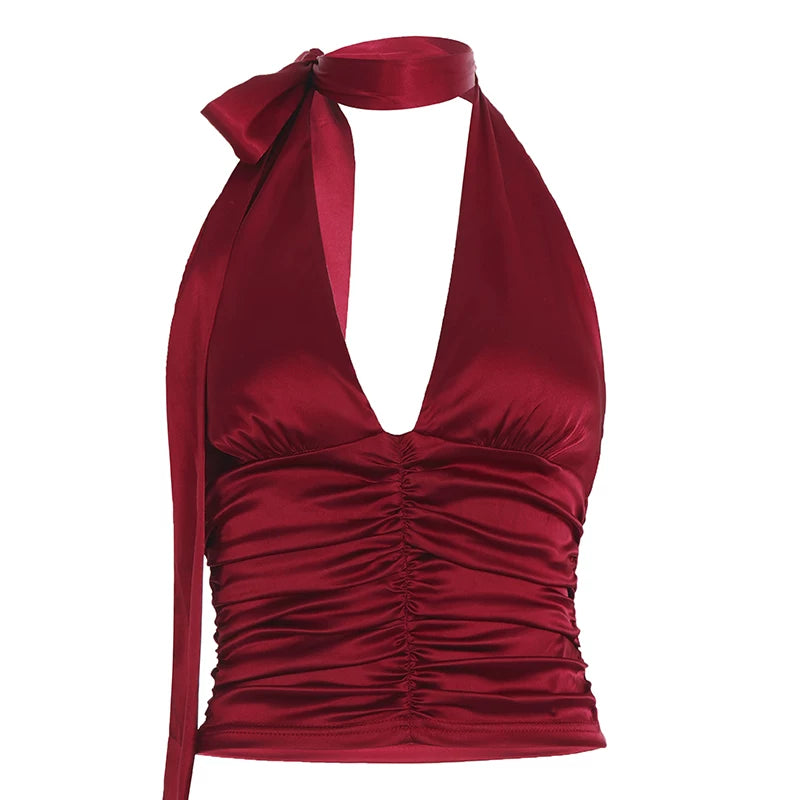 Ruched Satin Halter Top - Burgundy [8LJFWZO5]