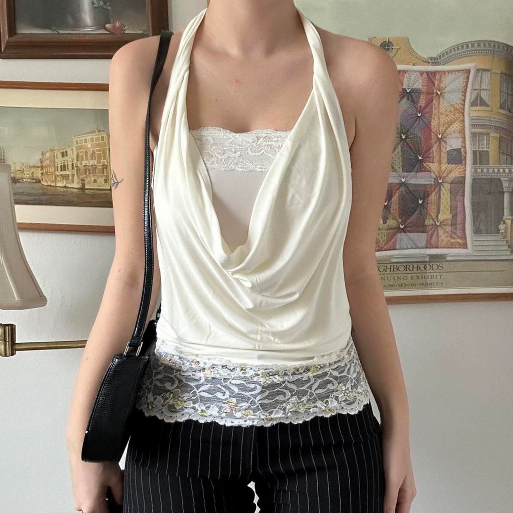 Colby Faux Layered Halter Top - White