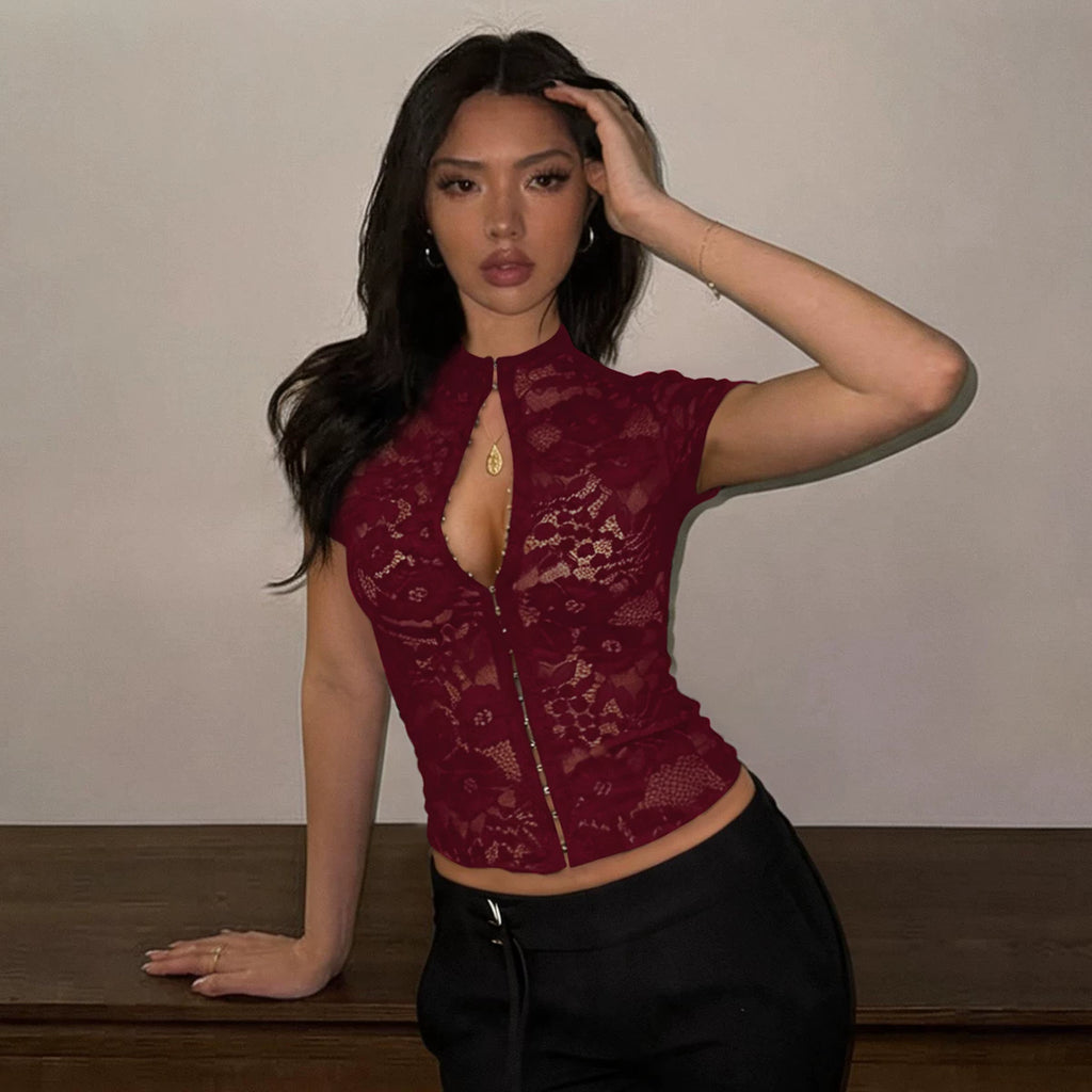 LaPose - Nainika Lace Hook-and-Eye Top - Wine Red Color