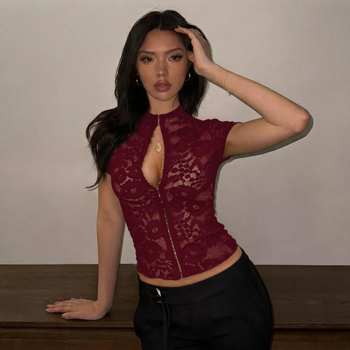 LaPose - Nainika Lace Hook-and-Eye Top - Wine Red Color
