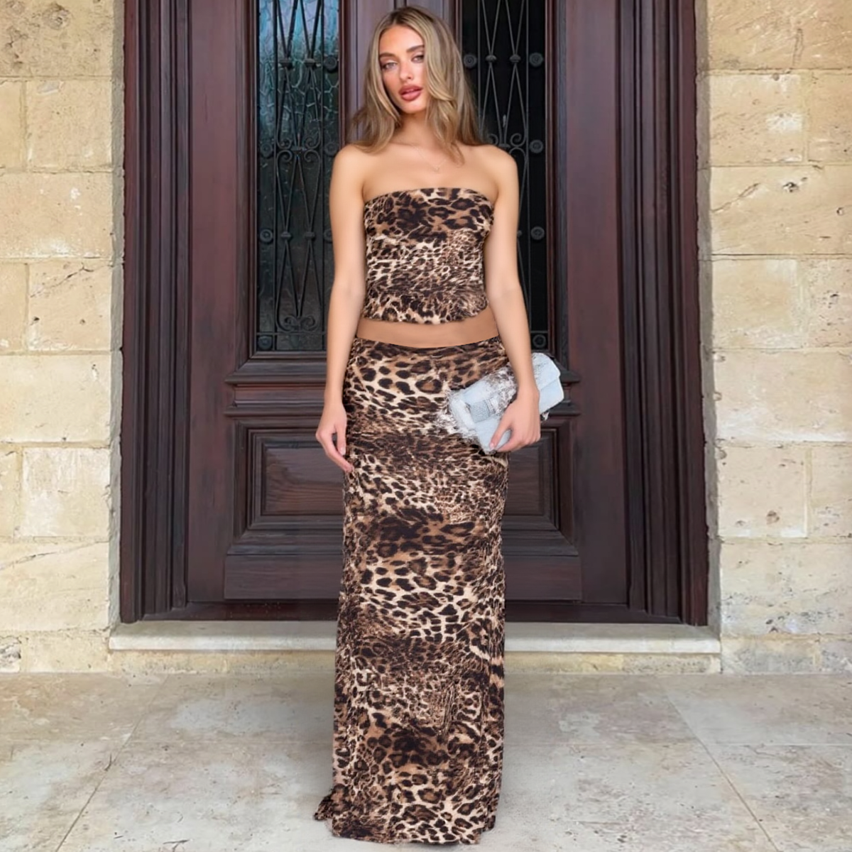 Avana Printed Maxi Skirt Set - Leopard Print