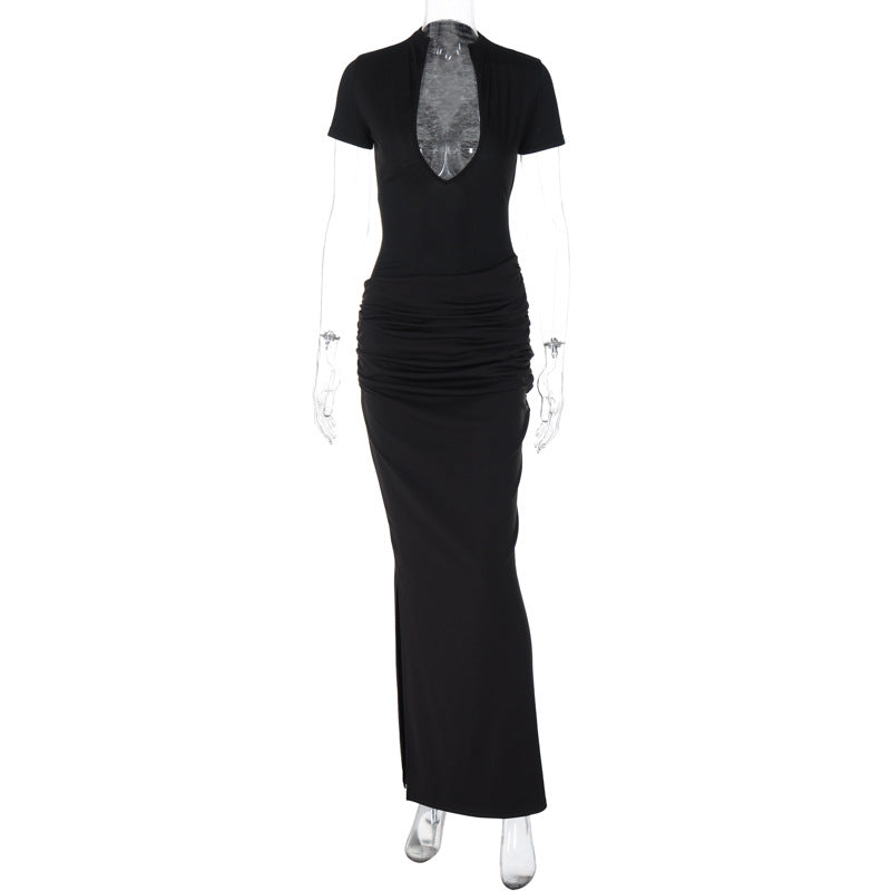 Susanna Deep V Ruched Maxi Dress - Black [LPNWQTC3]
