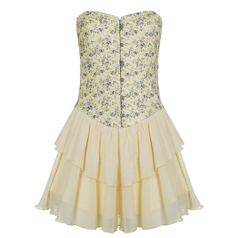 Joselin Strapless Tiered Floral Dress - Light Yellow [99OX040X]