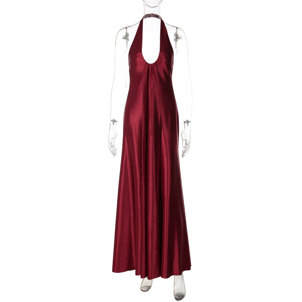 Pleated Satin Halter Maxi Dress - Red [NYG33UKN]