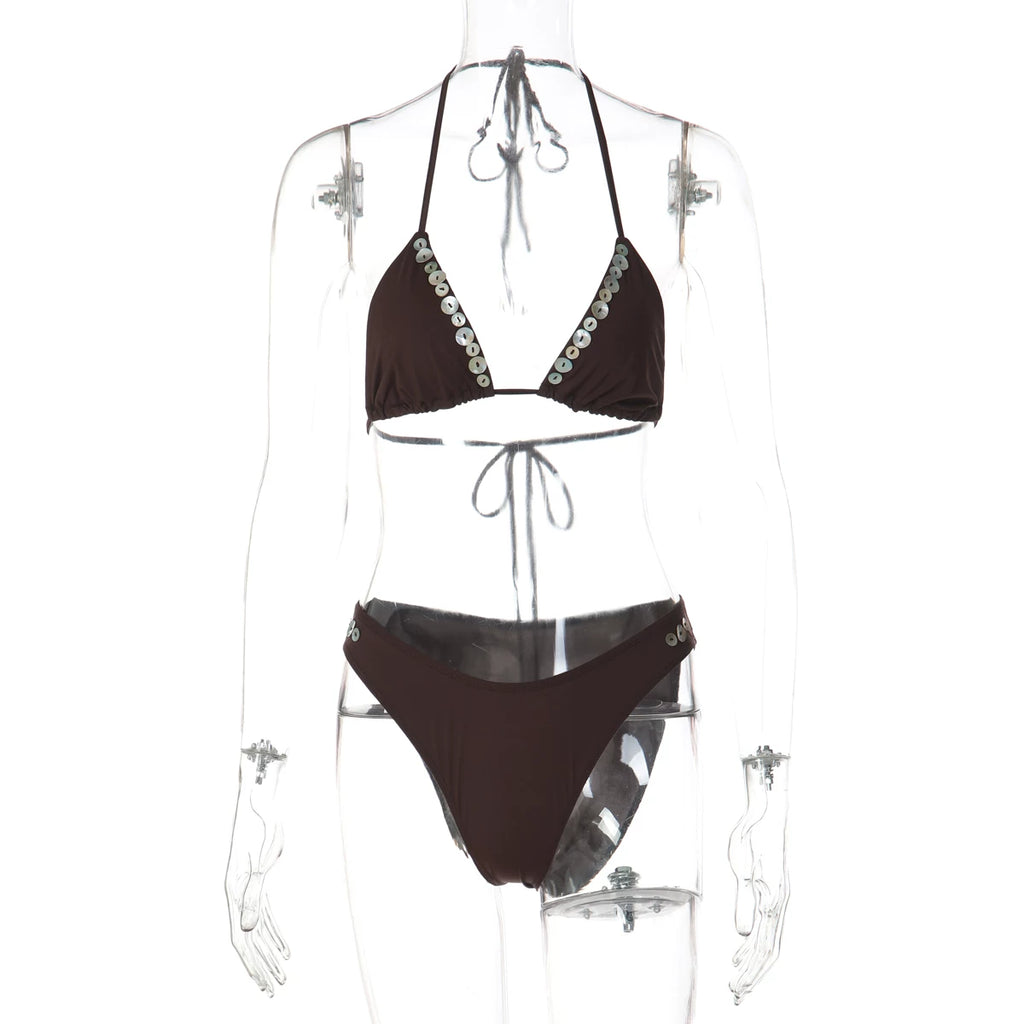 Button Detail Halter Bikini Set - Coffee Brown [6PS3O6AO]