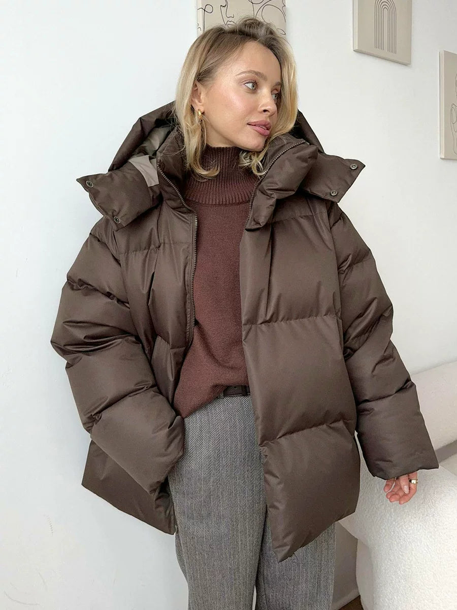 LaPose - Azul Oversized Hooded Puffer Jacket - Dark Brown Color