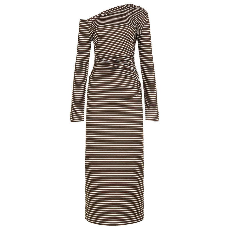 Bracha Striped Ruched One-Shoulder Dress - Brown [4HU6NJWD]
