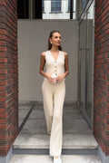 Raylee Knit V-Neck Pant Set - White [65MASN16]