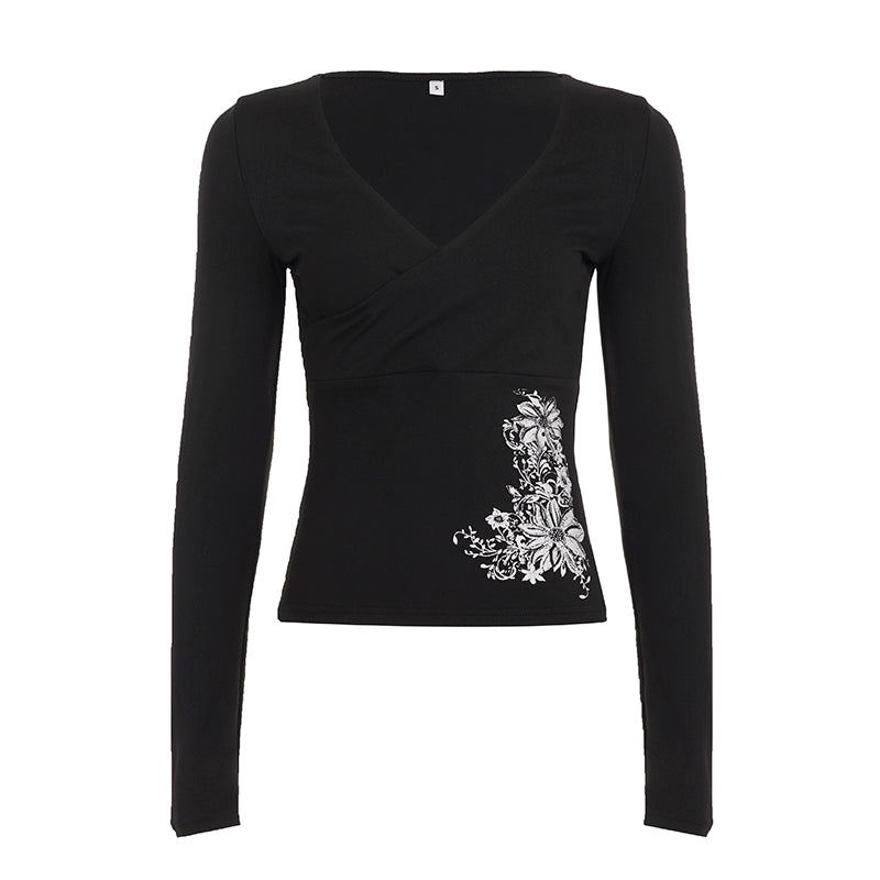 Raylan Floral V-Neck Top - Black [TZIMAGEY]