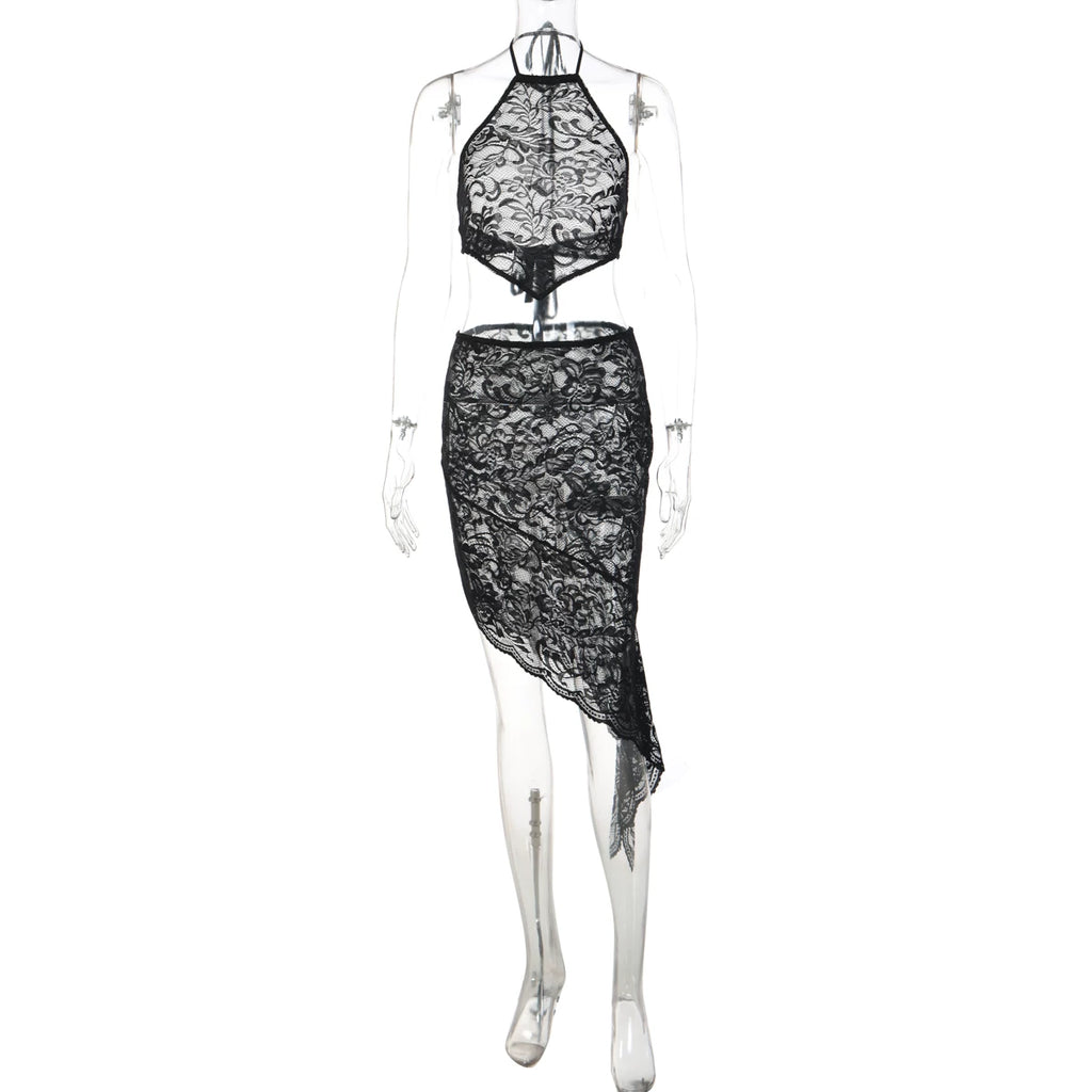 Lace Asymmetrical Two-Piece Skirt Set - Black [AN9ZG9IY]