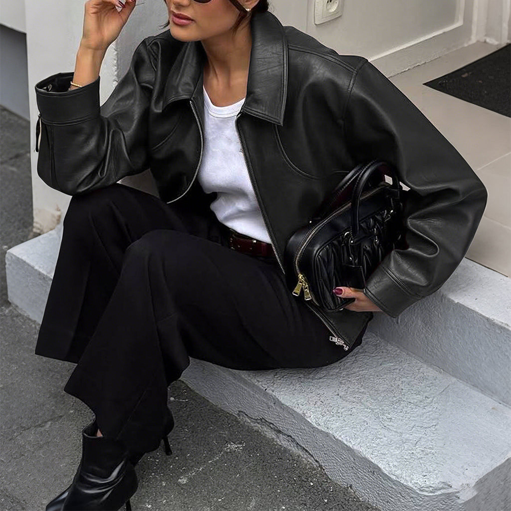 Adelina Zip-Front Faux Leather Jacket - Black [BUBJF481]