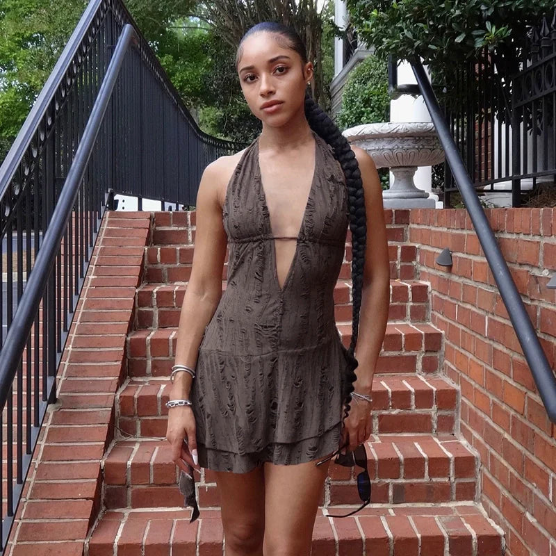 Francheska Ruffled Halter V-Neck Dress