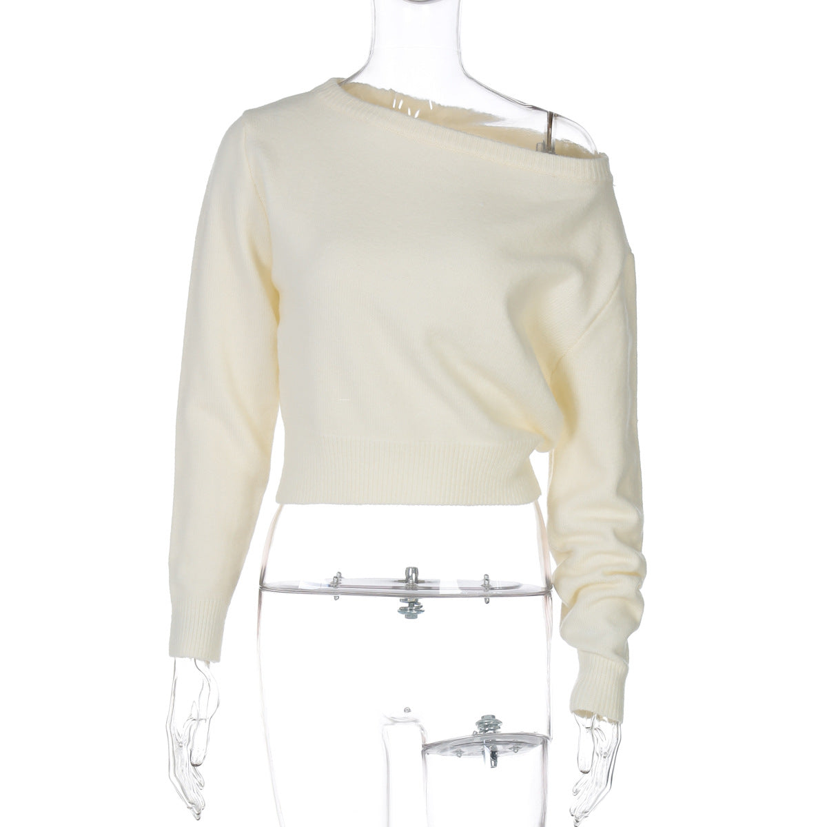 Aisha Knit Slant Collar Crop Top - Apricot [C9A98BLL]