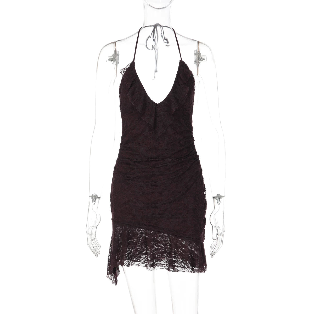 Lace Patchwork Backless Mini Dress - Reddish Brown [VU4Y6TSC]