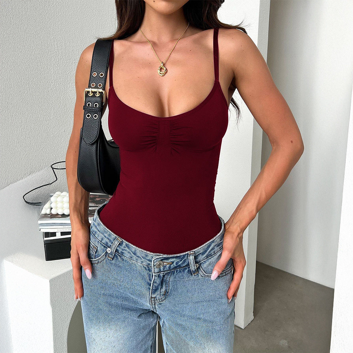Daelyn Knitted Strappy Romper - Wine Red [KVPNQVMX]