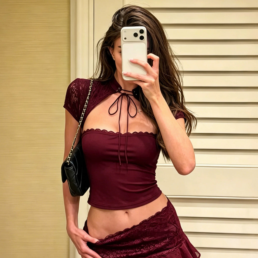 Addison Lace Cut-Out Tie Top - Burgundy Color