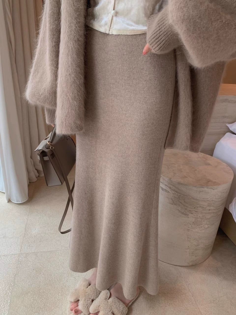 Emilie Knit Fishtail Midi Skirt - Pine Nut Taupe [ZFNGTO9O]