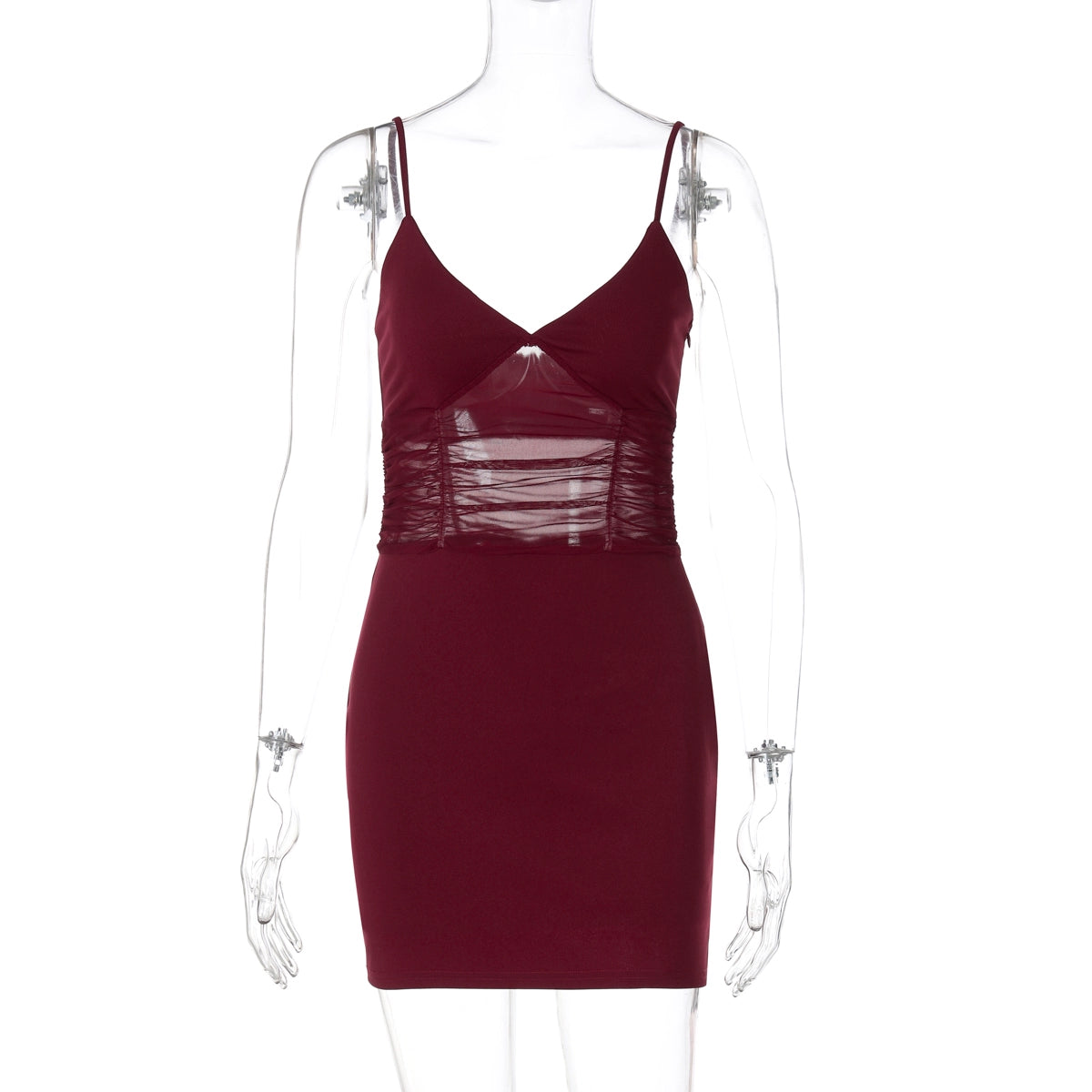 Mushka Mesh Ruched Midi Dress - Wine Red
