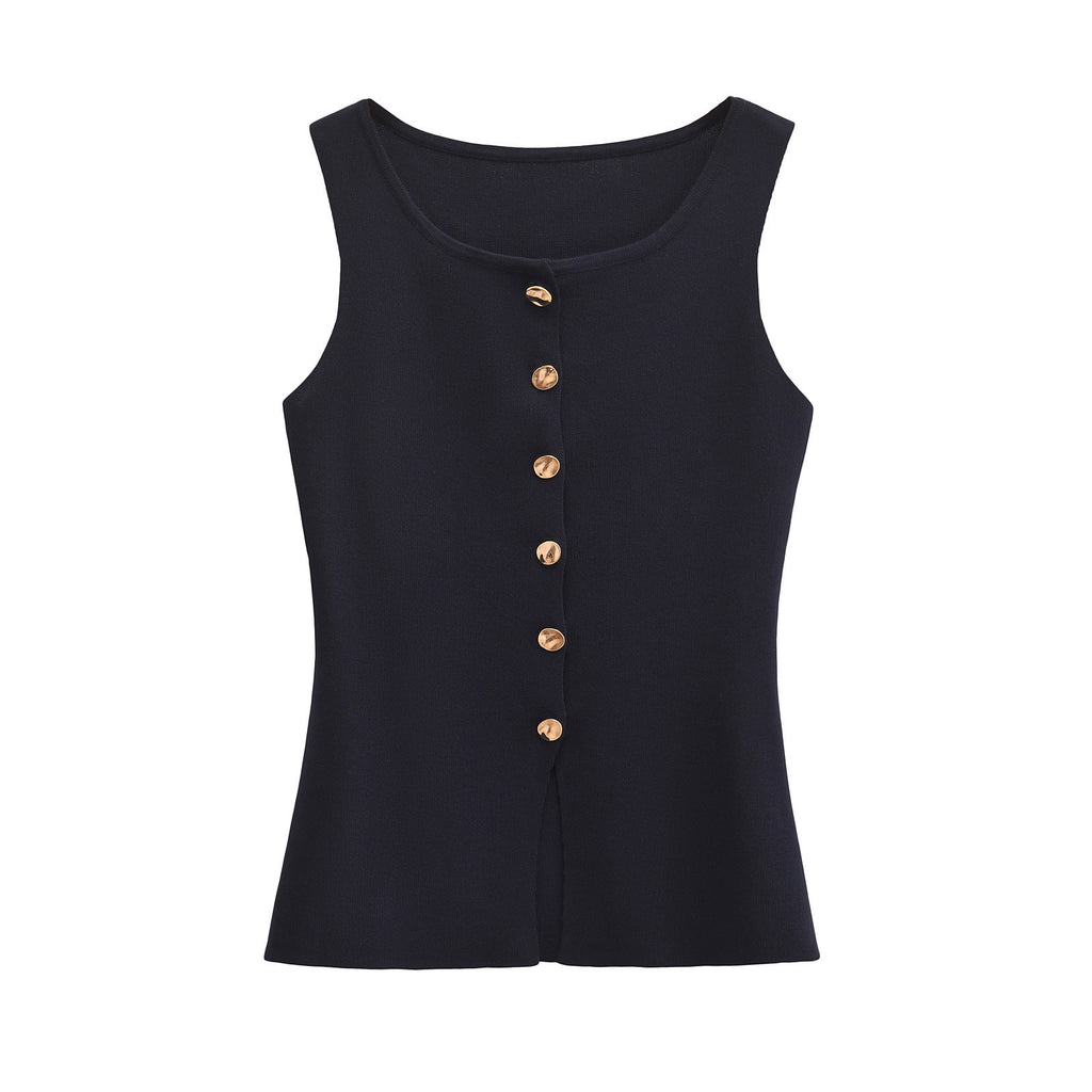 Neely Gold Button Knit Vest - Black [ECUNLZ2W]