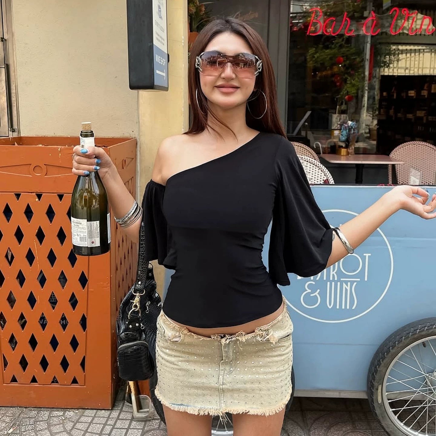 LaPose - Amberley One Shoulder Flare Sleeve Top - Black Color