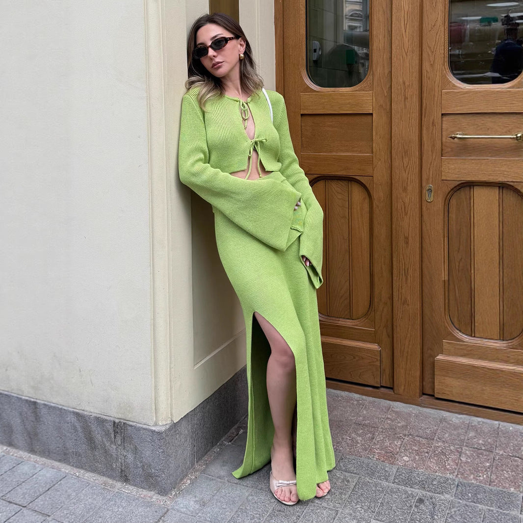 Timber Lace-Up Bell-Sleeve Skirt Set - Green [6HS0IFQ4]