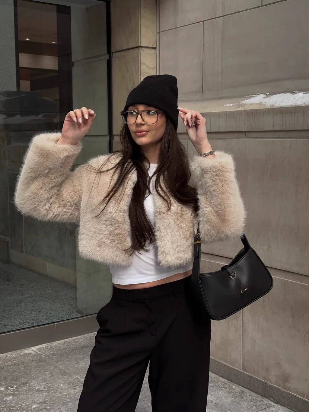 LaPose - Janayah Cropped Faux Fur Jacket - Khaki Color