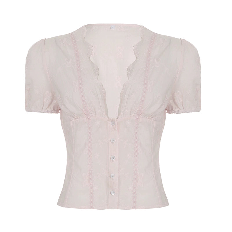 Ellarae Lace Puff Sleeve Crop Top - Pink