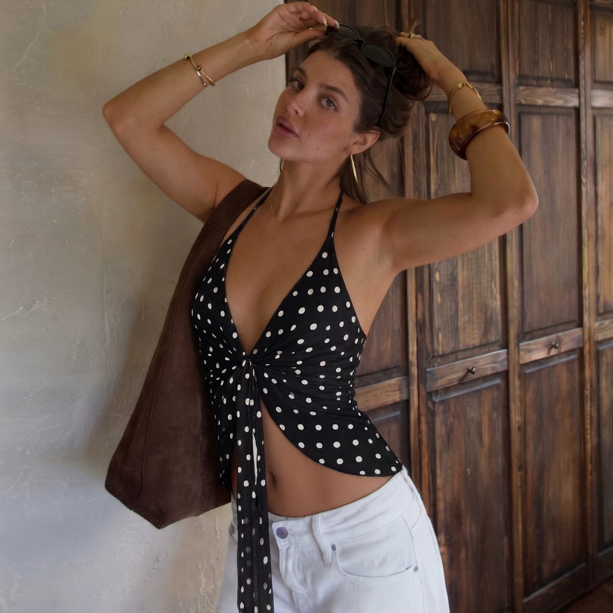 Annslee Polka Dot Halter Top - Black Color