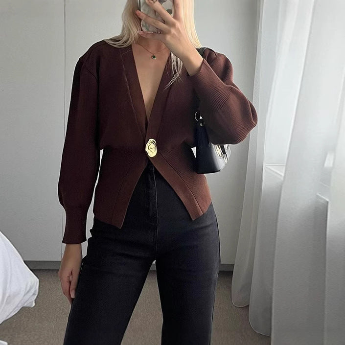 Caelyn Knitted V-neck Cardigan - Coffee [GTU5F0XE]