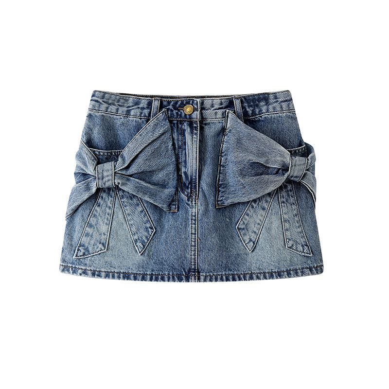 Kendyl Bow Denim Mini Skirt - Blue [IU0DK136]
