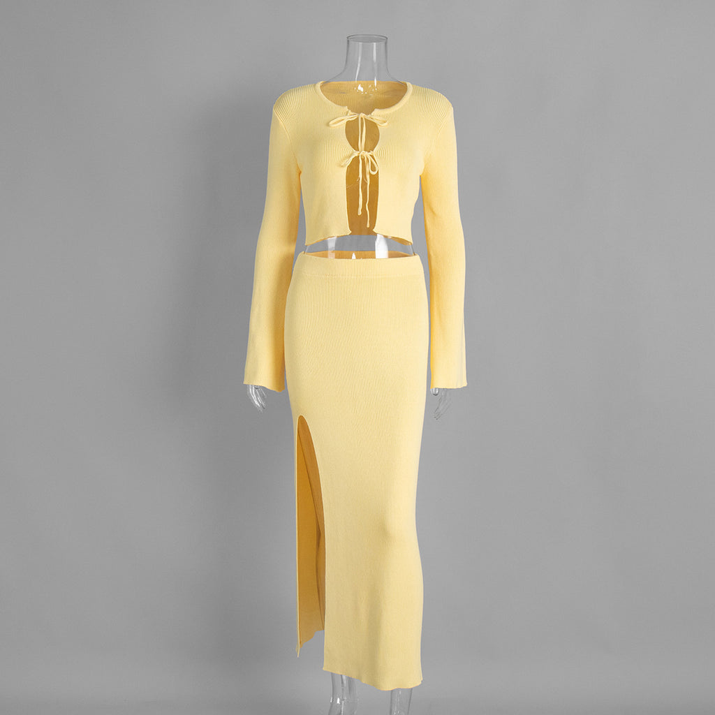 Timber Lace-Up Bell-Sleeve Skirt Set - Yellow [TR9TJWMC]