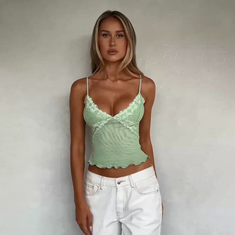 Lace V-Neck Camisole Top - Green [IOQ8B2GP]