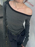 Estefania Striped Off-Shoulder Top Dark Gray / One Size Long Sleeve Tops